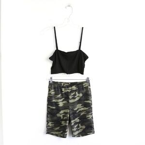New 2 piece set black camo sport activewear tank top biker shorts green military